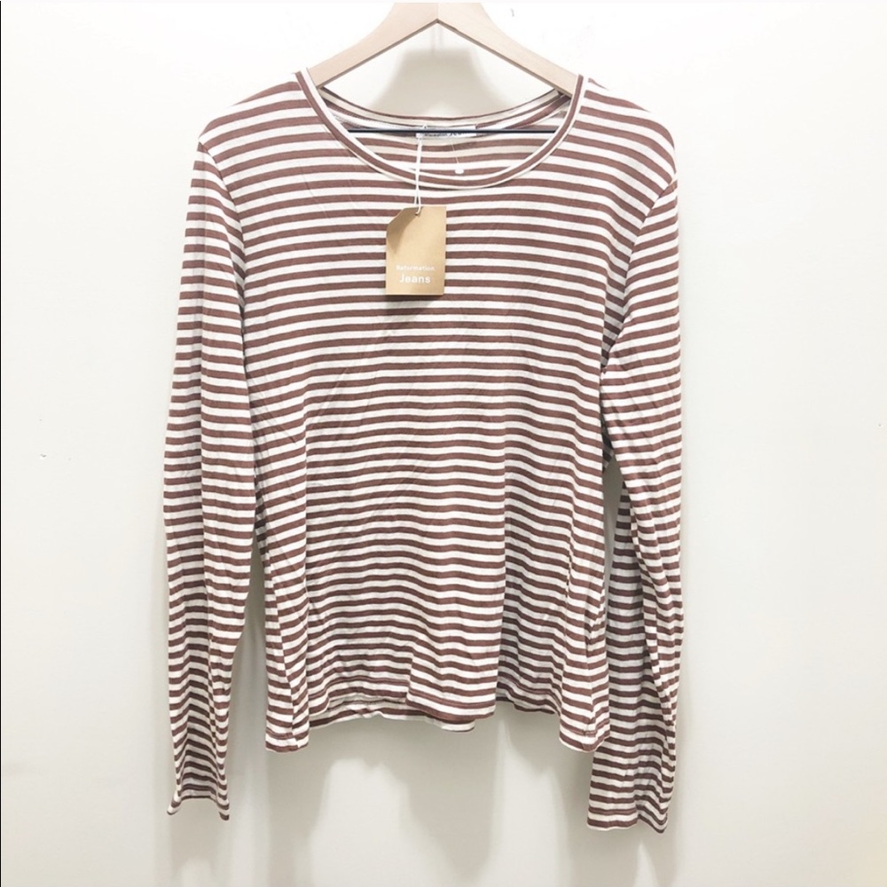 Reformation Brown/White Striped Long Sleeve Tee